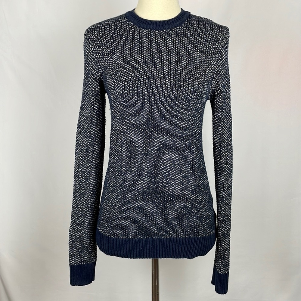 Express Navy Blue and White Knit Long Sleeve Unisex Sweater - Size XS